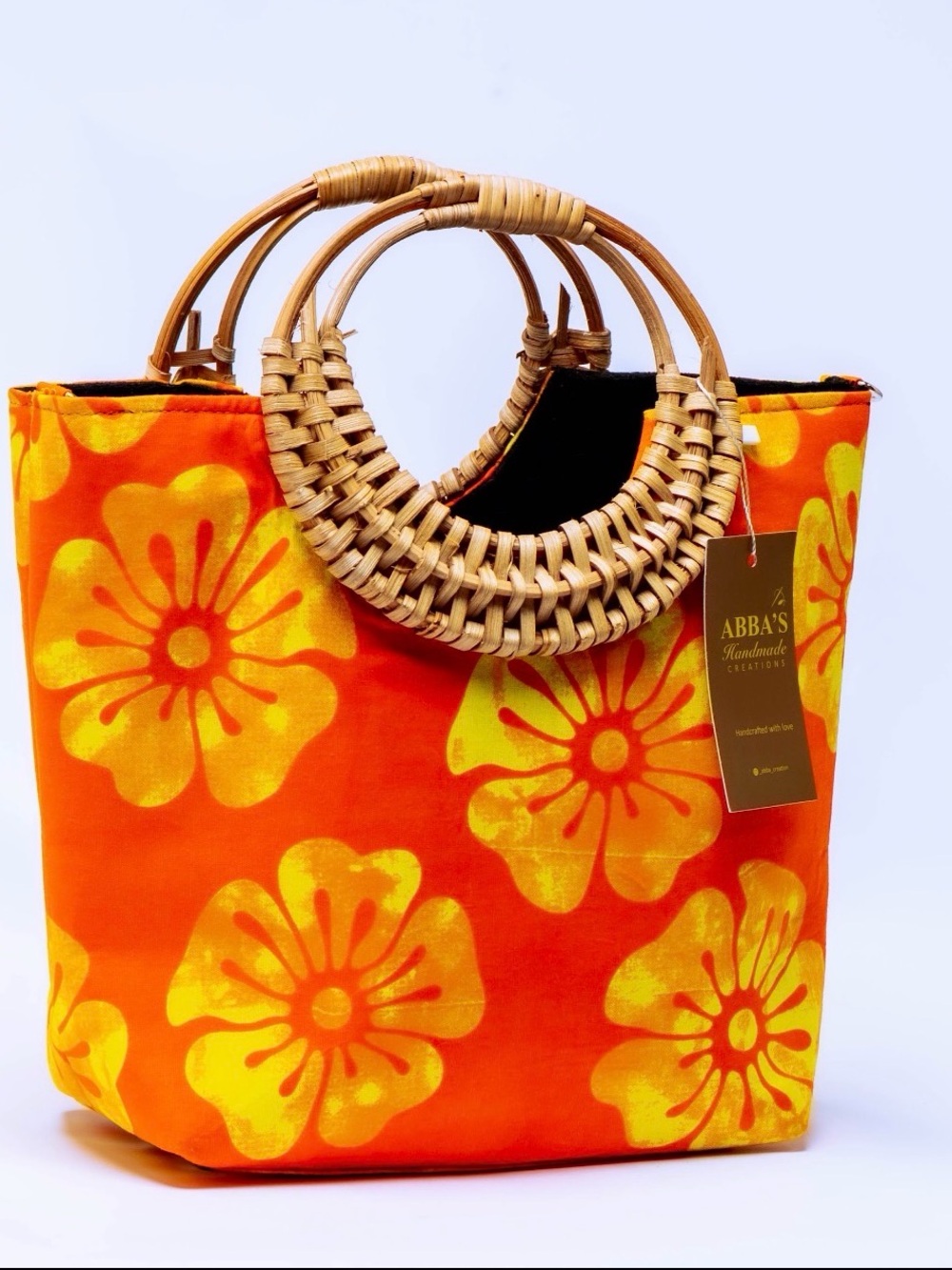 Orange & Yellow Floral Tote Bag with Woven Handles